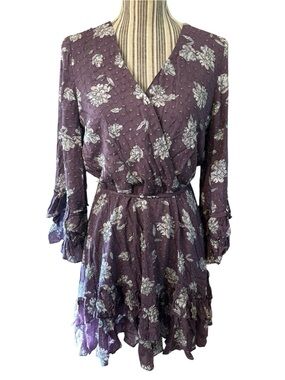 Whiteroom + Cactus Dress Large Purple Floral Long-Sleeve Wrap-Style Ruffle Boho